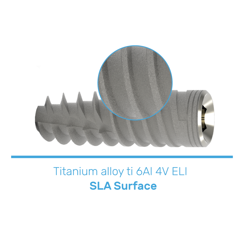 Introducing an innovative implant with a pure SLA surface for wide clinical use, featuring a domed apex for safety near sensitive areas and variable threads for stability. Micro rings preserve cortical bone, while the single platform design offers versatility. Crafted from Titanium Alloy Ti 6Al 4V ELI, it includes cover screw and implant carrier for convenience, ensuring secure attachment with a screw type implant connection of 2.42 mm internal hex.