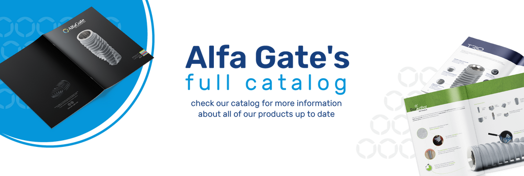Promotional image for Alfa Gate's full catalog of dental implants, showing an open glossy catalog with a dental implant image on the left and pages with detailed product information on the right. Text invites viewers to check the catalog for more information about all products offered, up to date.