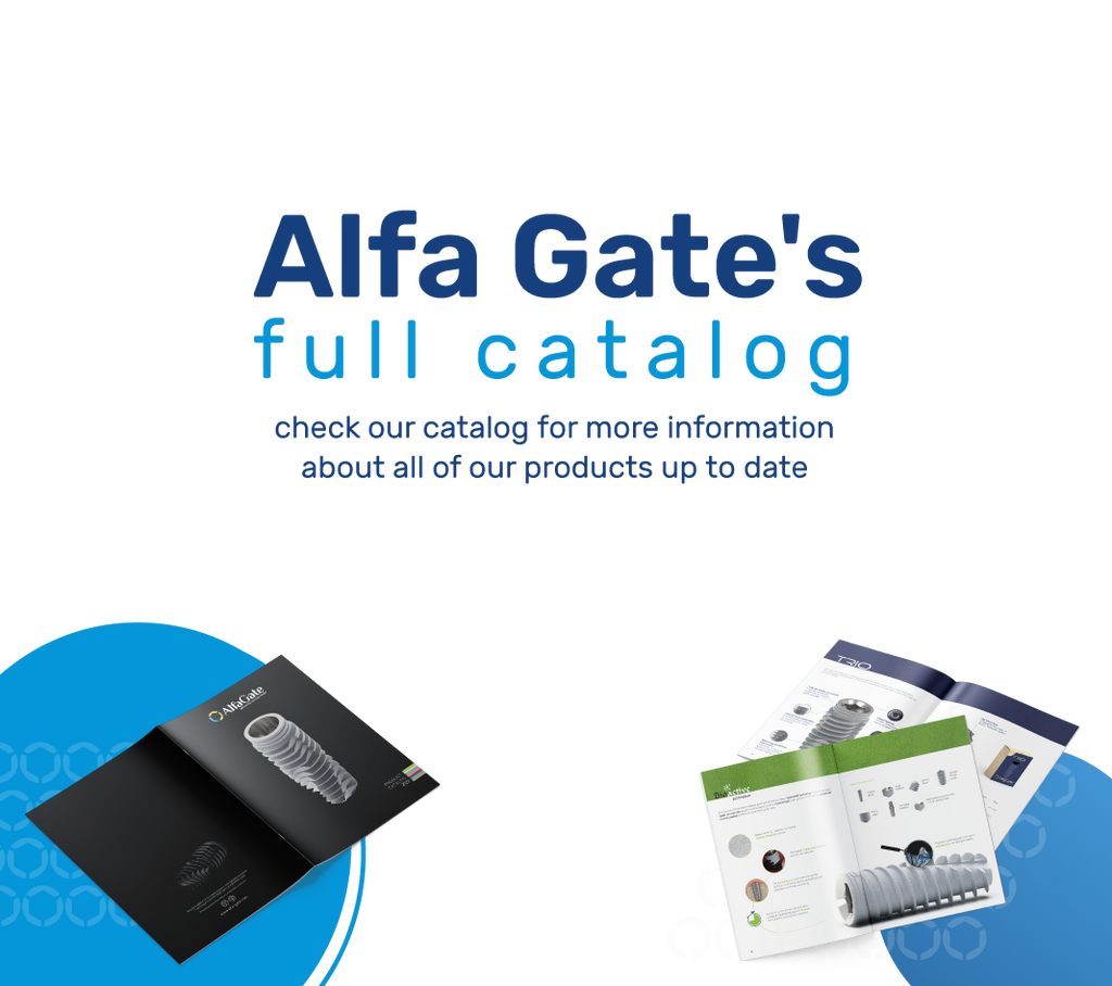 Promotional image for Alfa Gate's full catalog of dental implants, showing an open glossy catalog with a dental implant image on the left and pages with detailed product information on the right. Text invites viewers to check the catalog for more information about all products offered, up to date.