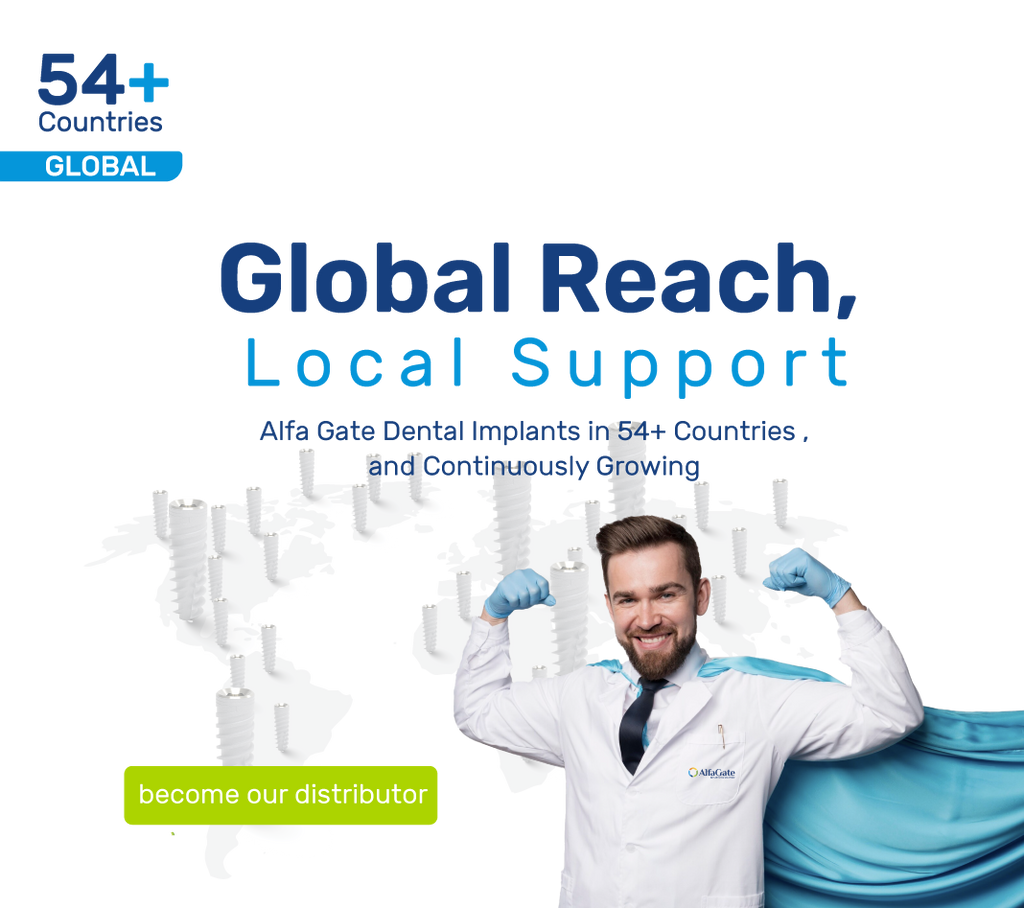Promotional image for Alfa Gate Dental Implants showcasing their global reach, featuring a smiling male dentist wearing a lab coat, flexing his muscles, with dental implant models appearing as continents on a world map in the background, highlighting the company's presence in 54+ countries. The call to action reads 'become our distributor'