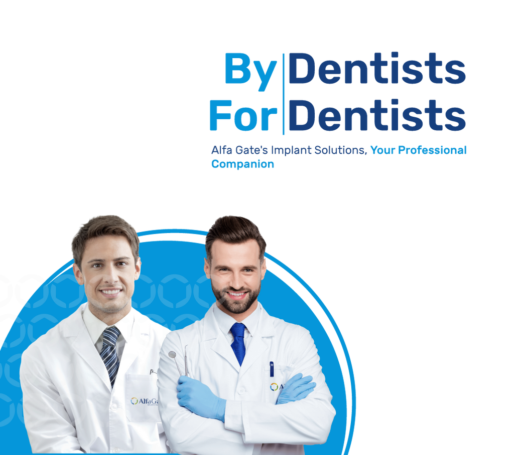 Promotional image for Alfa Gate featuring two male dentists in lab coats, with one holding a dental tool, representing the slogan 'By Dentists, For Dentists.' The tagline 'Alfa Gate's Implant Solutions, Your Professional Companion' suggests a focus on professional dental solutions designed by and for dental practitioners.