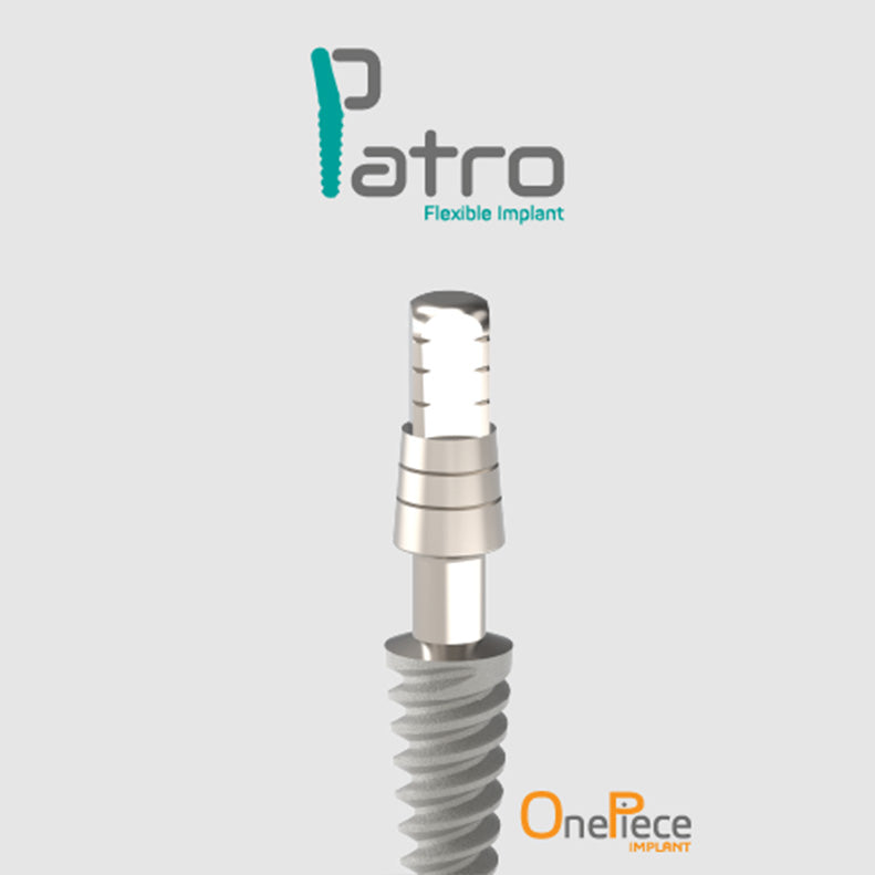 patro dental implant , One-piece implant with 25-degree flexible neck, 3.0mm to 4.7mm diameter options, designed for immediate loading and narrow ridges. Features sharp threads, sandblasted and acid-etched surface, optimal for multiple restorations.