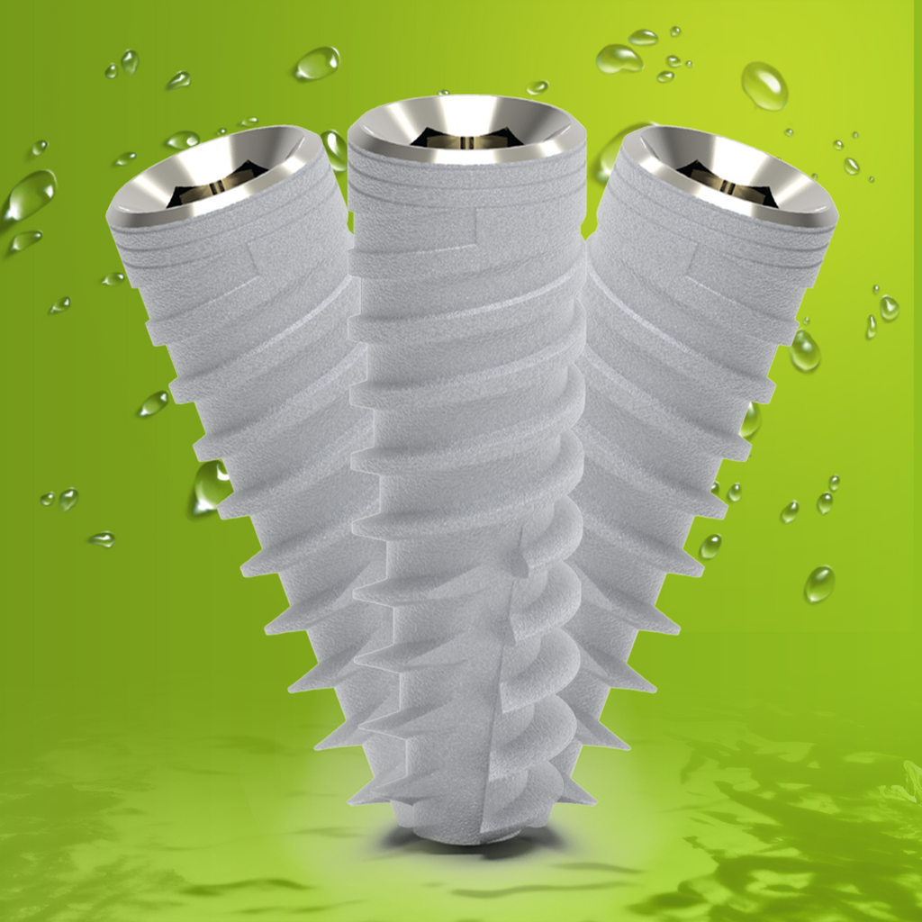 BIOACTIVE DENTAL IMPLANT - HYDROPHILIC SURFACE , Bioactive implant featuring a unique calcium phosphate surface for accelerated 6-10 week osseointegration, crafted from titanium alloy Ti 6Al 4V ELI. Designed with a conical body, variable thread design, and hydrophilic CaP surface. Offers enhanced biocompatibility, bone preservation, and a 2.42mm internal hex connection