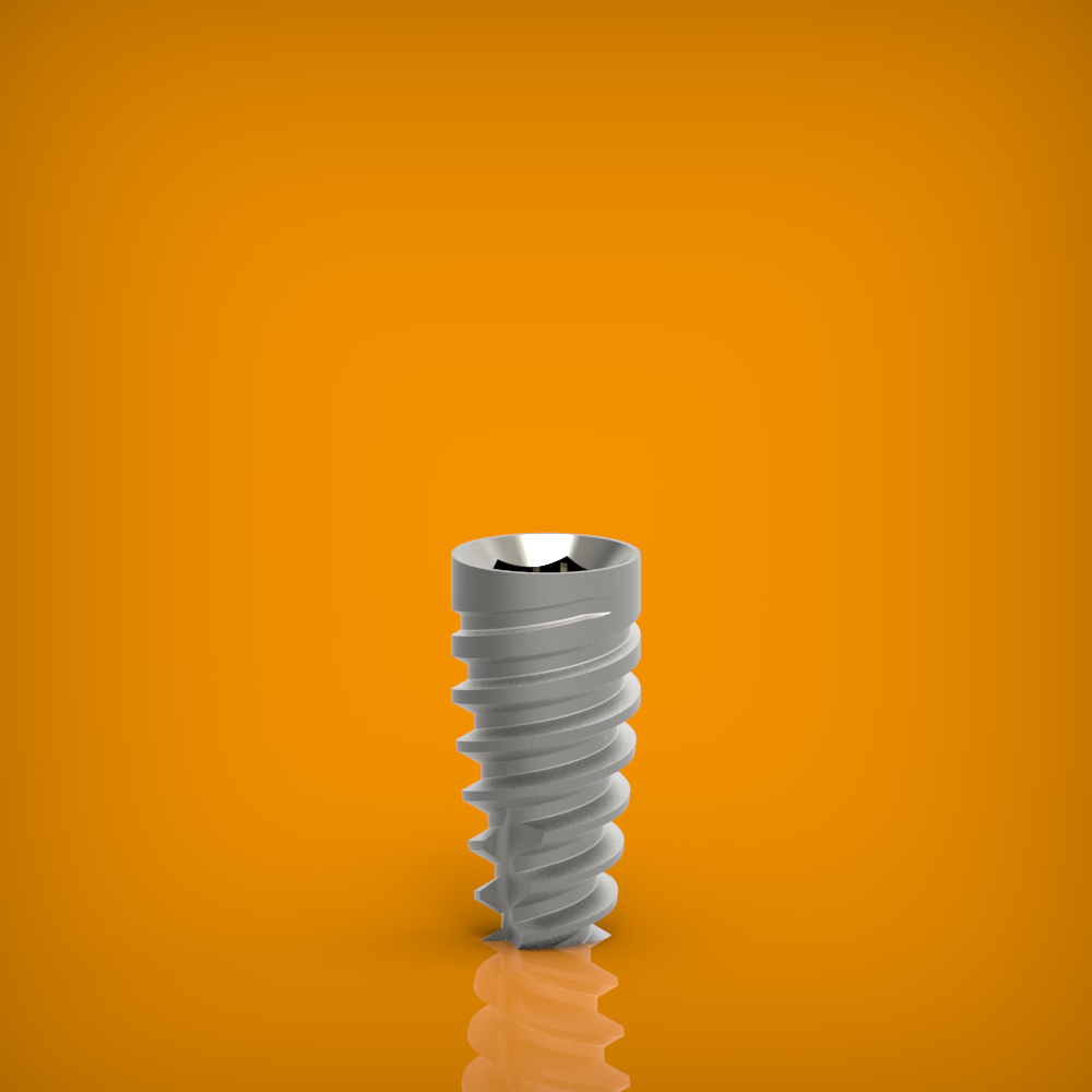MAX IMPLANT - FLAT CUTTING APEX , Implant featuring an SLA surface, combined cylindrical-conical body, twin-thread design, and apically tapered form. Made of titanium alloy Ti 6Al 4V ELI, with a 2.42mm internal hex screw connection and sandblasted-acid-etched surface.