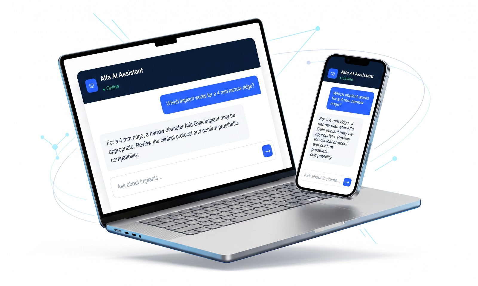 AlfaGate AI clinical assistant interface for implant compatibility and workflow recommendations