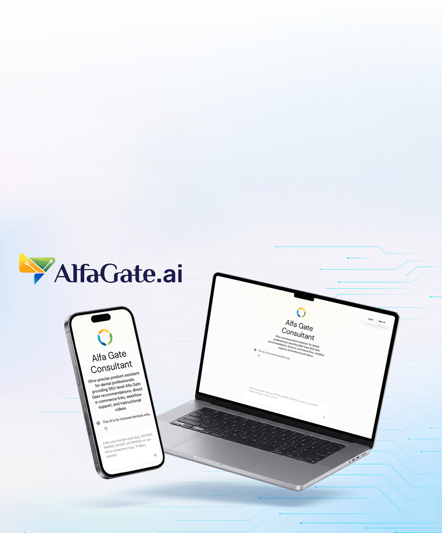 Mobile AlfaGate AI assistant hero showing dental implant consultant on phone and laptop