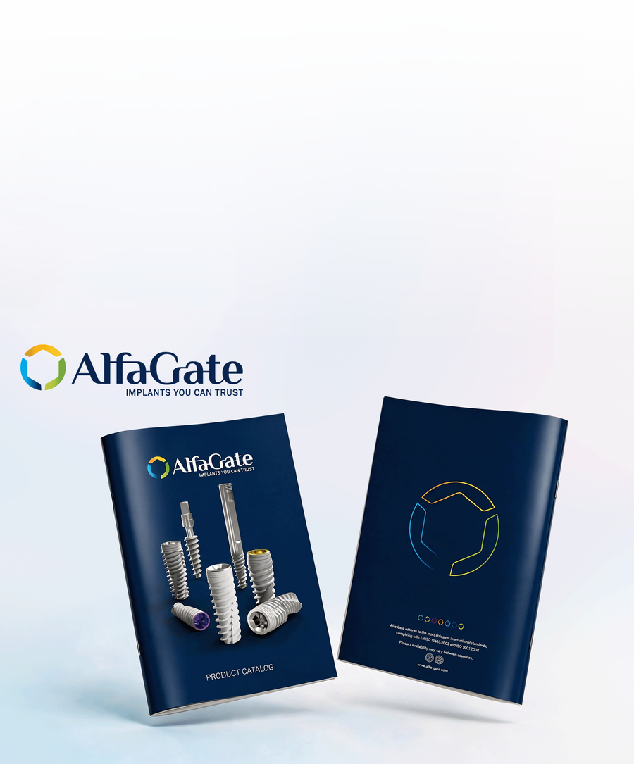 Mobile Alfa Gate catalog hero showing product catalogs for implant systems