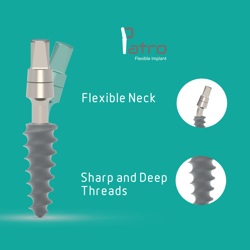 patro dental implant , One-piece implant with 25-degree flexible neck, 3.0mm to 4.7mm diameter options, designed for immediate loading and narrow ridges. Features sharp threads, sandblasted and acid-etched surface, optimal for multiple restorations. , alfa gate