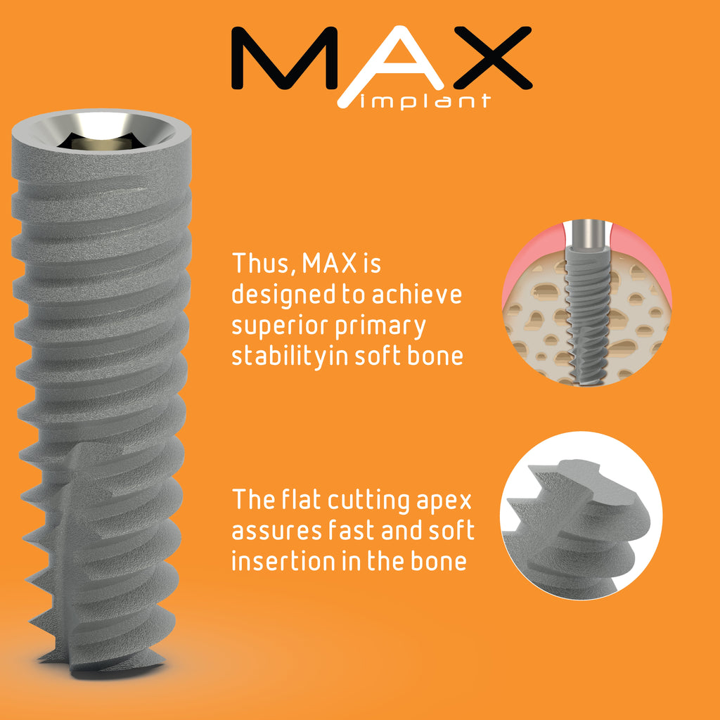MAX IMPLANT - FLAT CUTTING APEX , Implant featuring an SLA surface, combined cylindrical-conical body, twin-thread design, and apically tapered form. Made of titanium alloy Ti 6Al 4V ELI, with a 2.42mm internal hex screw connection and sandblasted-acid-etched surface.