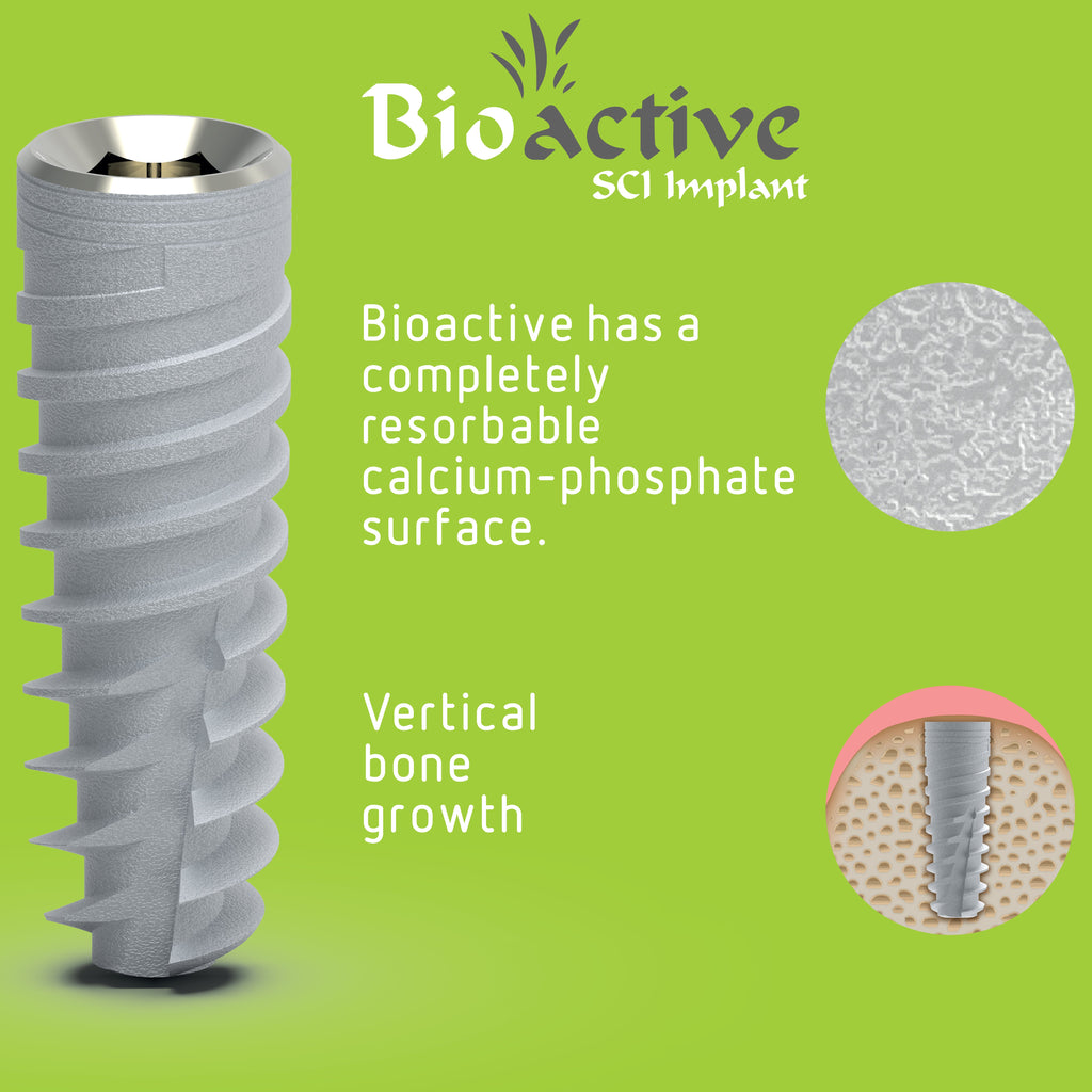 Bioactive offer showcasing a premium prosthetic implant with calcium-phosphate resorbable surface for rapid 6-10 week osseointegration. Crafted from titanium alloy Ti 6Al 4V ELI, featuring a conical body, variable thread design, and 2.42mm internal hex connection. Special promotion: Purchase now and receive a complimentary prosthetic piece for comprehensive restoration. , alfa gate 
