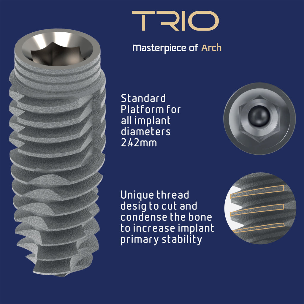 TRIO dental implant - TRIPLE FLUTES DEFINE BONE COMPRESSION ,  Implant designed for optimal stability across bone types, featuring reduced coronal diameter, sharp base threads for post-extraction use, and a unique thread design for enhanced stability. Crafted from titanium alloy Ti6AI4VELI, with a 2.42mm internal hex connection and SLA surface finish.