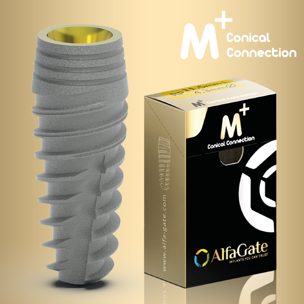 M+ implant with conical connection, back tapered coronal design, and variable thread, crafted from titanium alloy Ti 6Al 4V ELI. Features include high primary stability, cortical bone preservation, and available in narrow or regular platforms. Special offer: Receive a complimentary prosthetic piece for long-term function and durability
