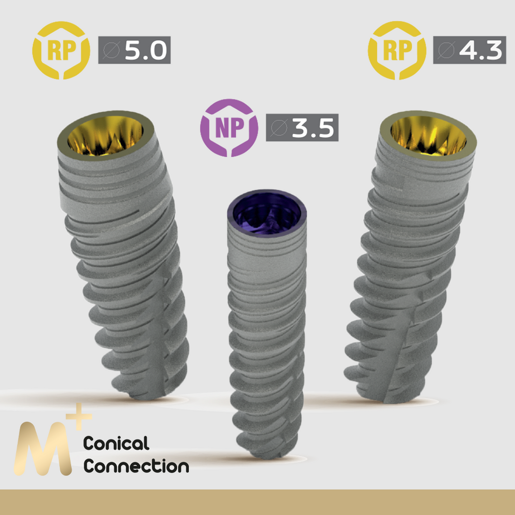M+ implant with conical connection, back tapered coronal design, and variable thread, crafted from titanium alloy Ti 6Al 4V ELI. Features include high primary stability, cortical bone preservation, and available in narrow or regular platforms. Special offer: Receive a complimentary prosthetic piece for long-term function and durability
