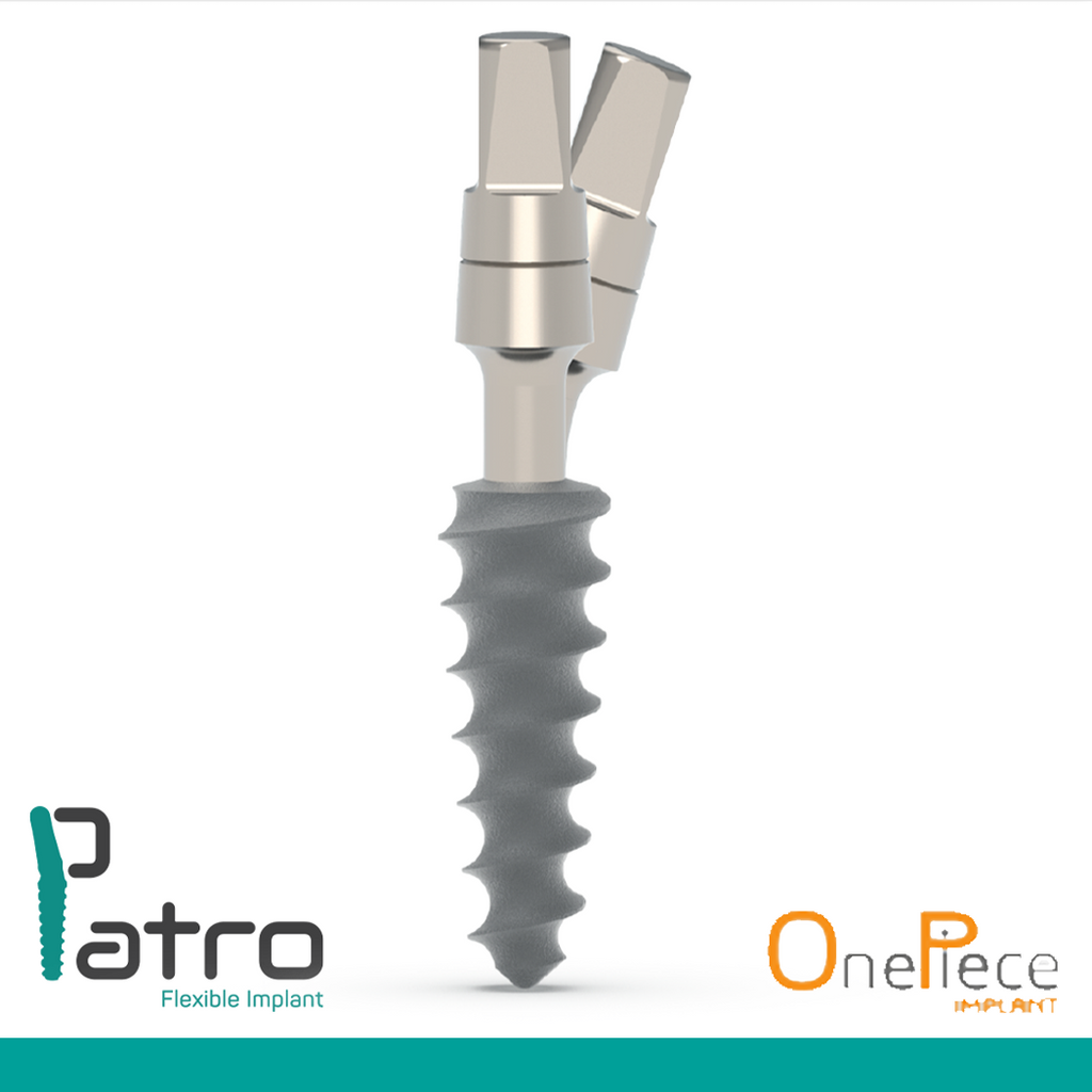 patro dental implant , One-piece implant with 25-degree flexible neck, 3.0mm to 4.7mm diameter options, designed for immediate loading and narrow ridges. Features sharp threads, sandblasted and acid-etched surface, optimal for multiple restorations.