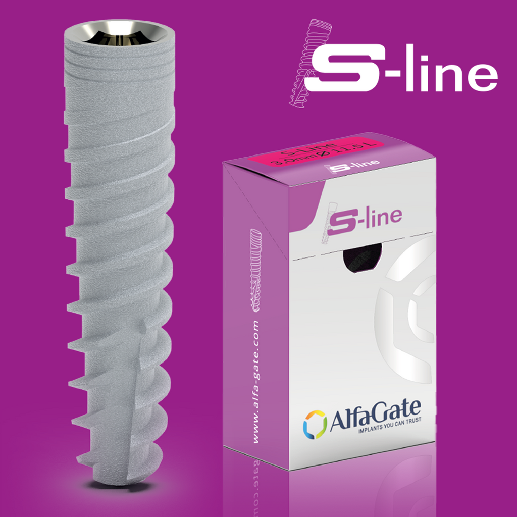 s-line dental implant , S-line dental implant with titanium alloy, SLA surface, and internal hex connection, emphasizing minimally invasive surgery and rehabilitation flexibility.