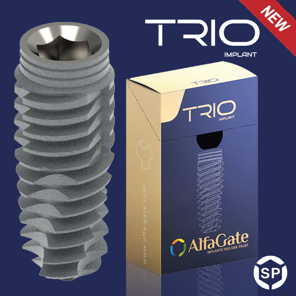 TRIO dental implant - TRIPLE FLUTES DEFINE BONE COMPRESSION ,  Implant designed for optimal stability across bone types, featuring reduced coronal diameter, sharp base threads for post-extraction use, and a unique thread design for enhanced stability. Crafted from titanium alloy Ti6AI4VELI, with a 2.42mm internal hex connection and SLA surface finish.
